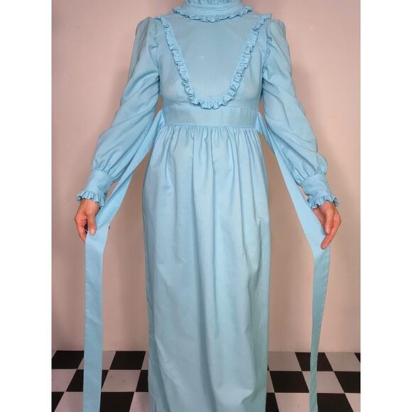 Vtg 60s 70s Handmade Blue Ruffle Prairie Cottage Empire Waist Dress Sz X-Small - Picture 4 of 10